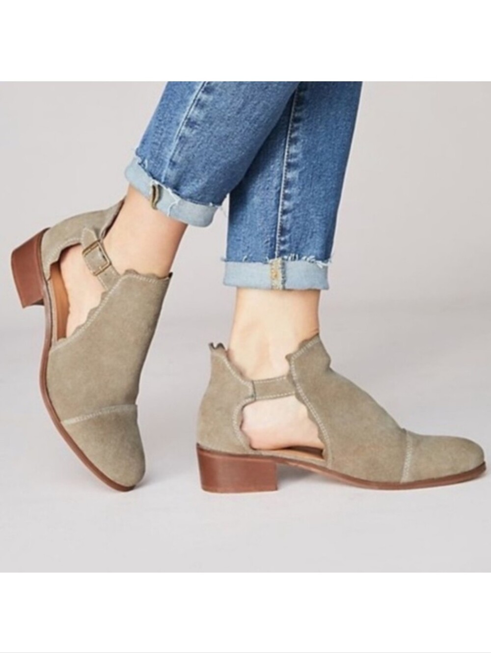 Anthropologie Klub Nico Beau Taupe Brown Leather Suede Scallop Boots Size 10